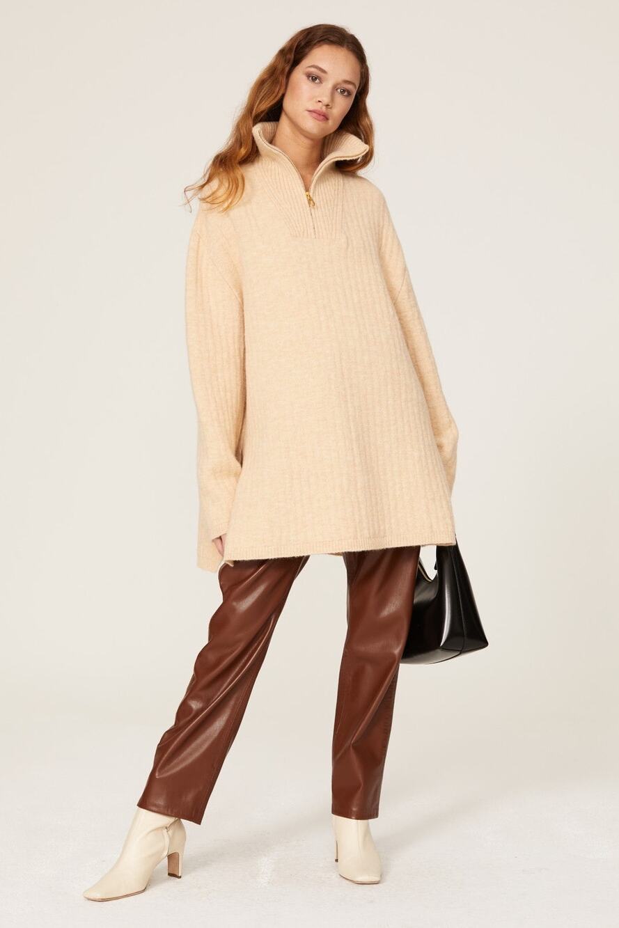 Nanushka Zitah Cream Alpaca Wool Zip Neck Oversized Rib Pullover Sweater Size S
